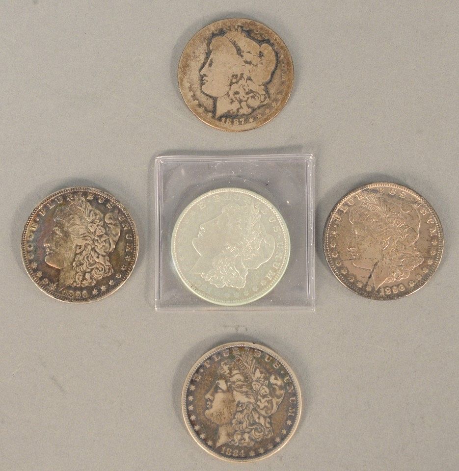 Appraisal: Group of five Morgan dollars and two Group of five