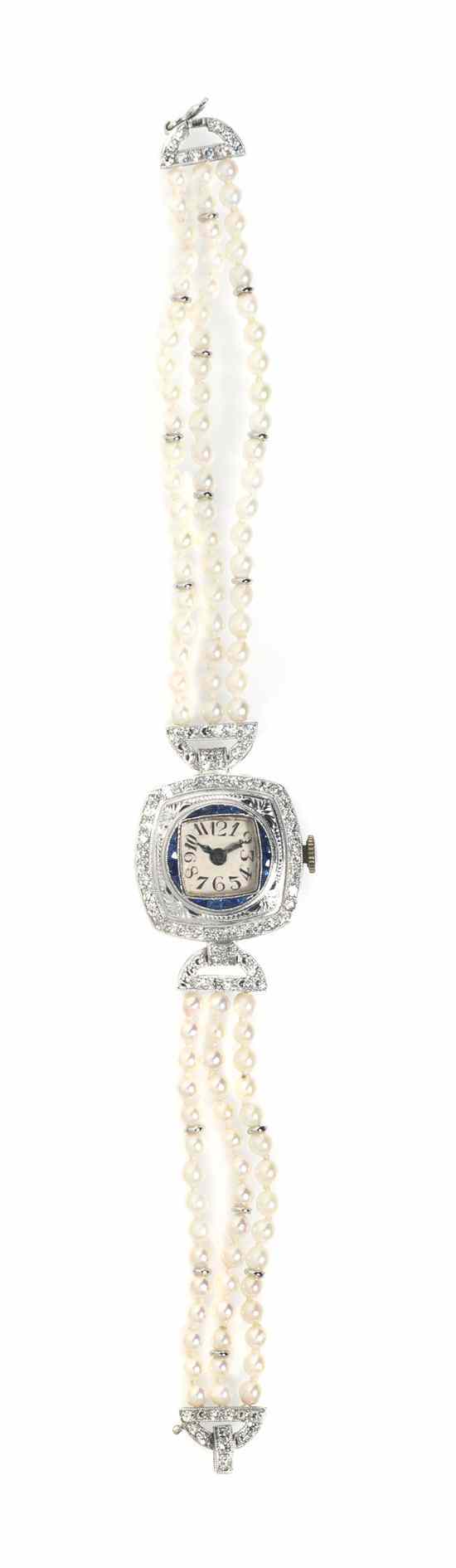 Appraisal: An Art Deco Platinum Diamond Sapphire and Cultured Pearl Wristwatch