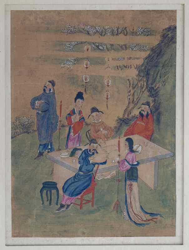 Appraisal: EARLY CHINESE WATERCOLOR ON PAPER DEPICTING FIGURES SEATED AROUND A