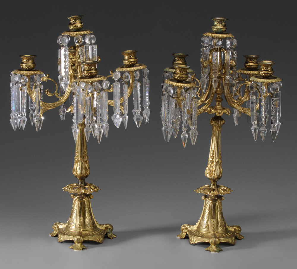 Appraisal: Pair Gilt Brass Candelabra th century each with four scrolled