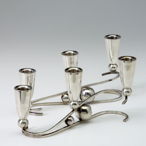 Appraisal: Pair of Mid Century sterling three-light banquet candleabra x