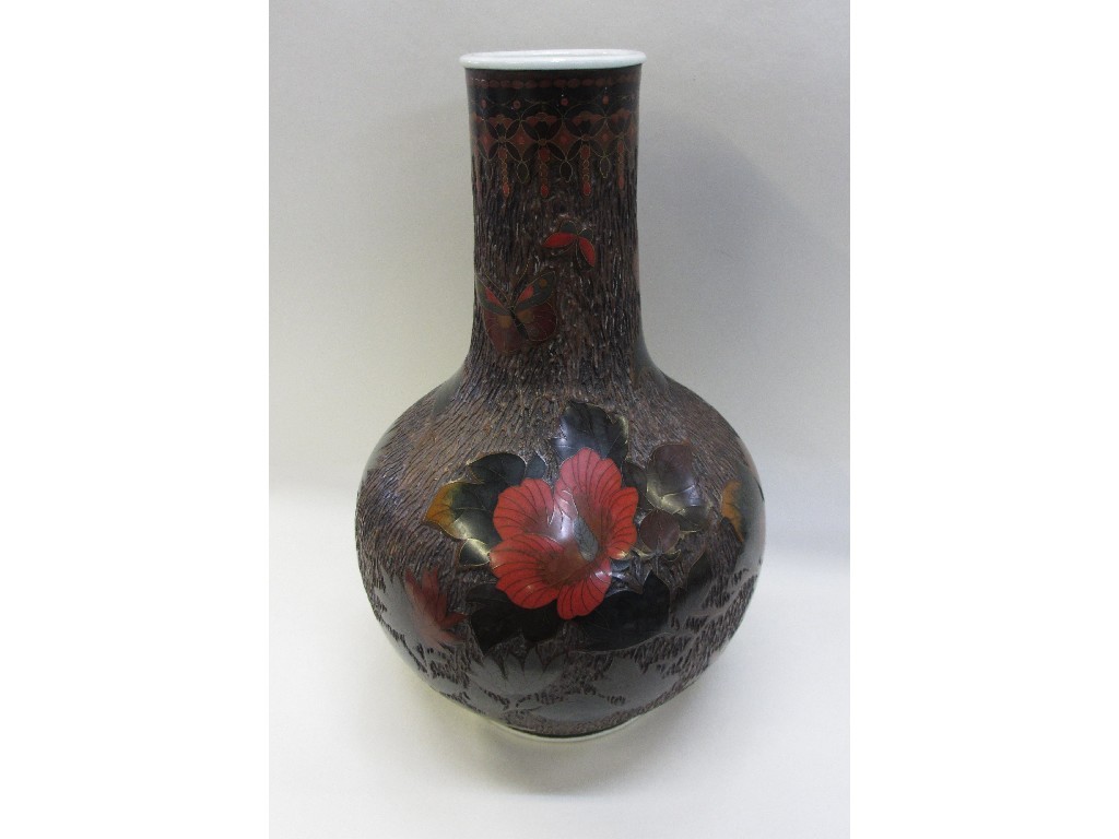 Appraisal: Japanese cloisonne and porcelain vase decorated with a butterfly bird