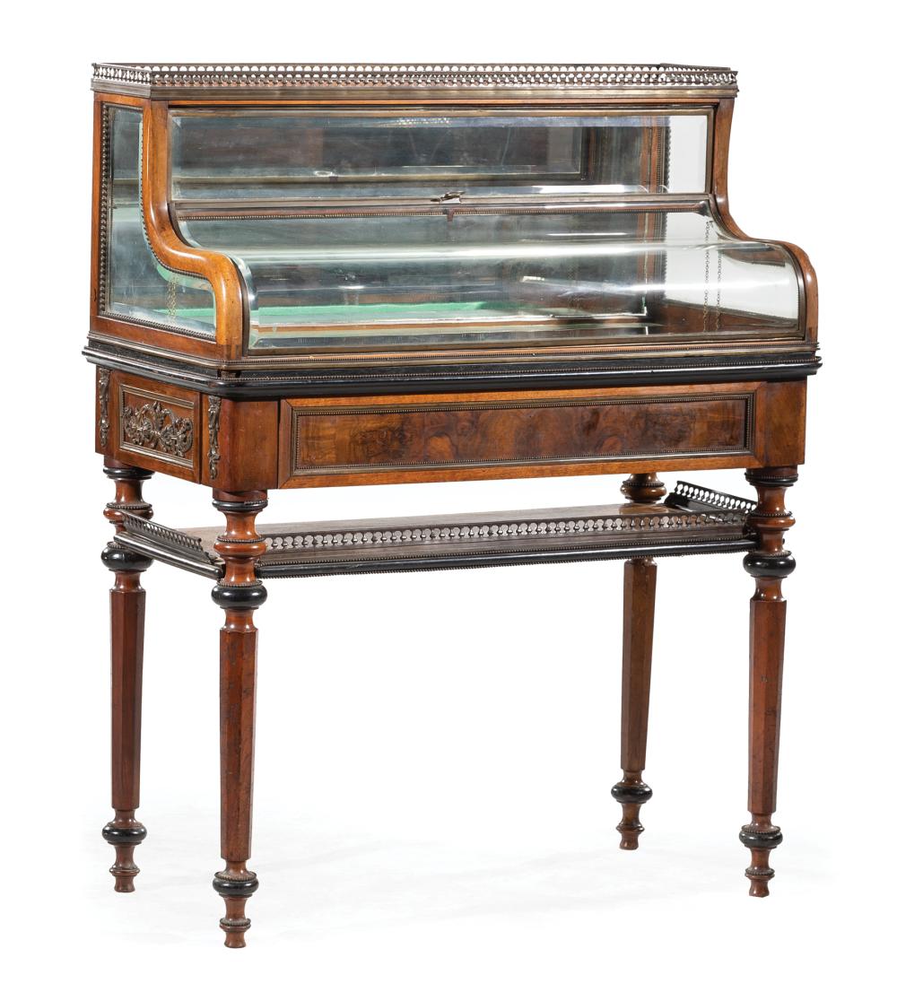 Appraisal: Louis XVI-Style Bronze-Mounted Burled Walnut Vitrine pierced gallery mirrored back