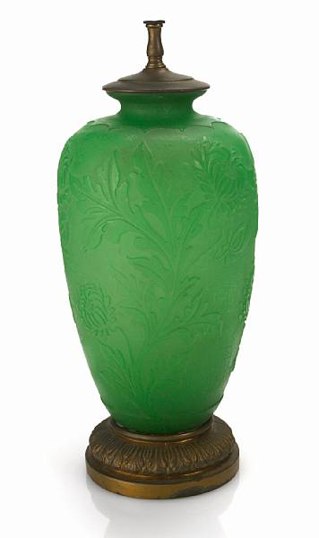 Appraisal: A Steuben jade green acid cut back glass lamp s