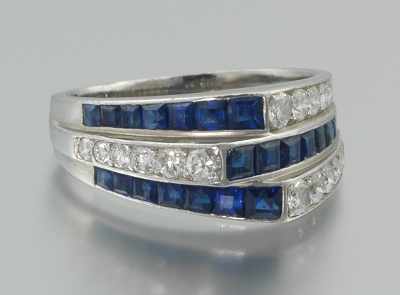 Appraisal: A Platinum Diamond and Sapphire Ring Platinum ring with geometric