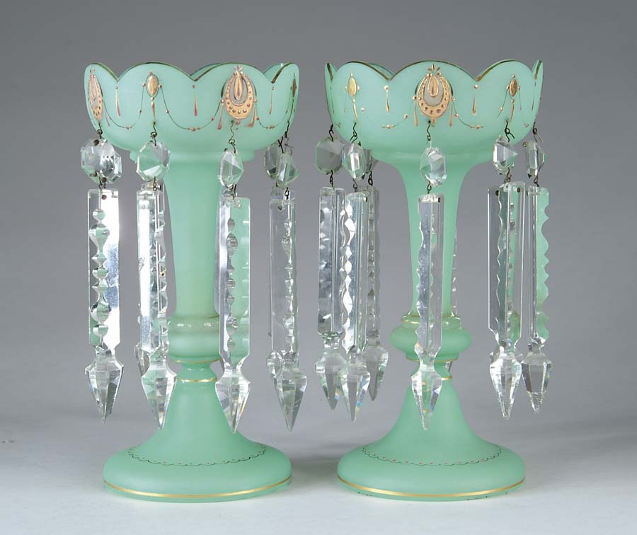 Appraisal: PAIR OF MANTEL LUSTRES Green opalene glass with enamel decoration