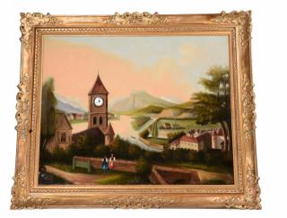 Appraisal: th Century Swiss Music Box Clock Painting of Swiss village