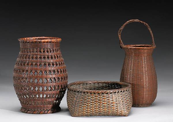 Appraisal: A group of three bamboo baskets The first a signed