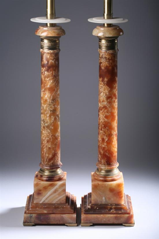 Appraisal: PAIR BROWN ONYX TABLE LAMPS th century Stepped square base