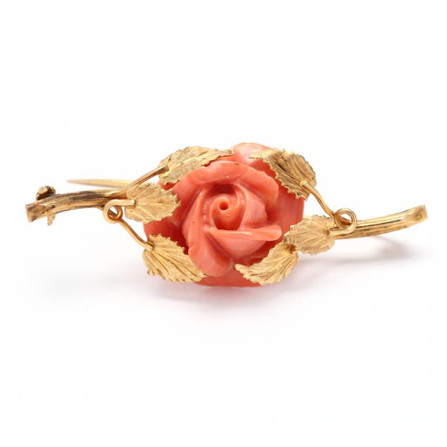 Appraisal: Gold and Coral Rose Motif Brooch Centered on a coral