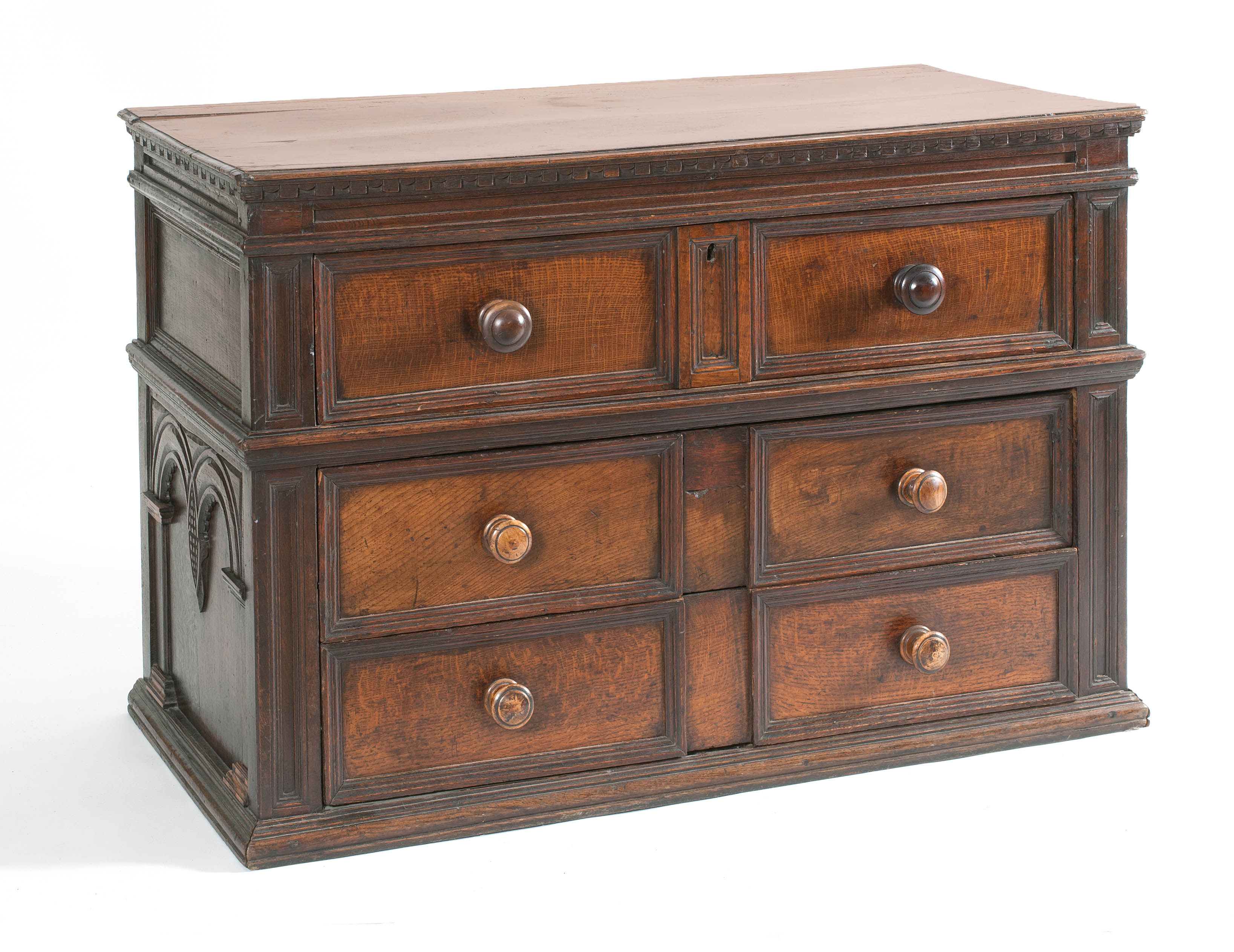 Appraisal: ANTIQUE ENGLISH THREE-DRAWER CHEST th CenturyIn oak Paneled drawers with