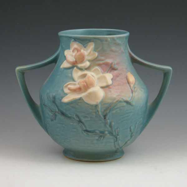 Appraisal: Roseville blue Magnolia vase with handles Marked Roseville USA -