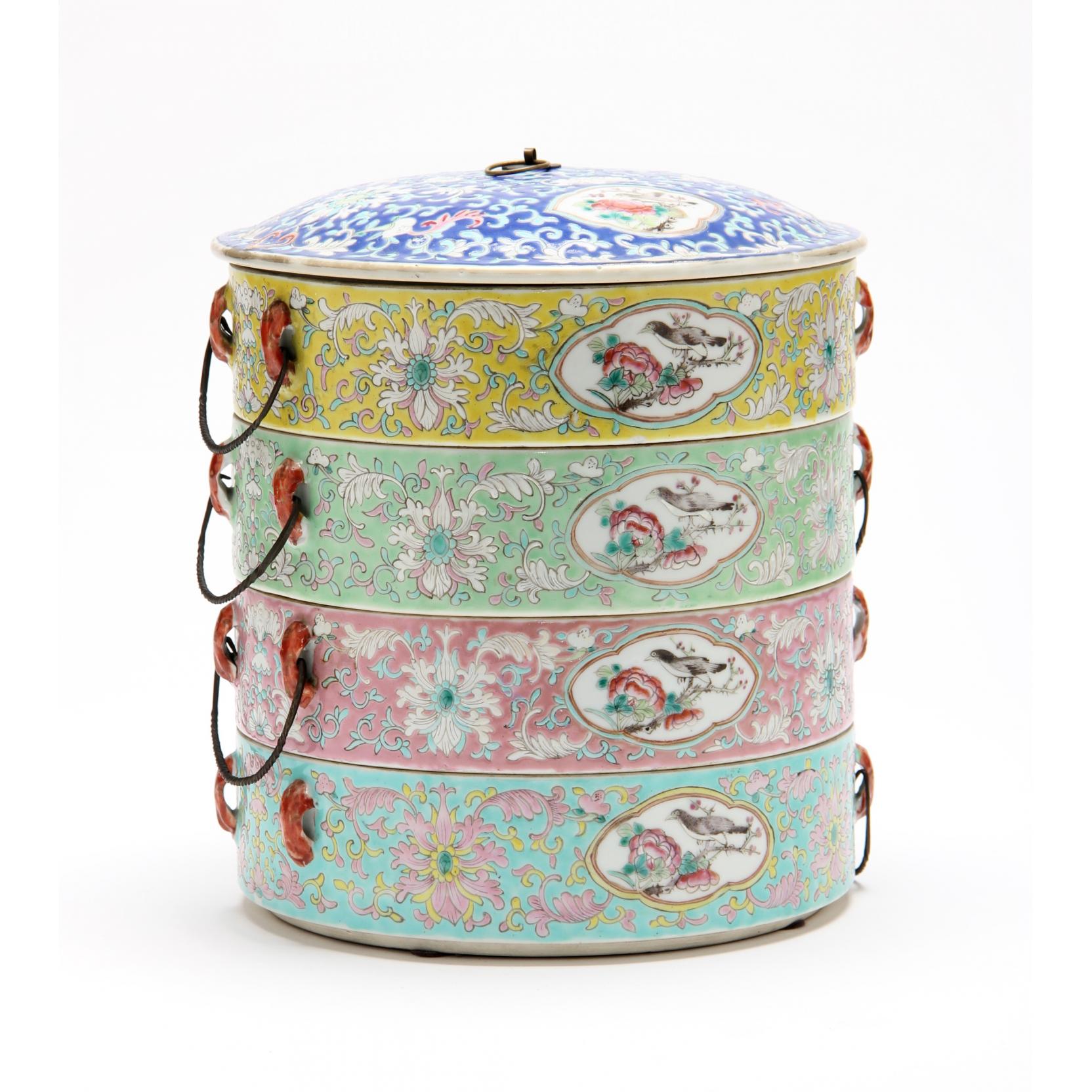 Appraisal: Straits Chinese Porcelain Tingkat composed of four stacking cylinders with