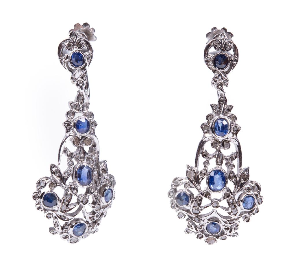 Appraisal: PAIR OF VINTAGE KT WHITE GOLD SAPPHIRE AND DIAMOND DANGLE