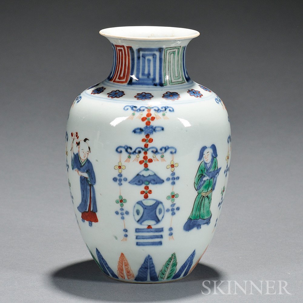 Appraisal: Doucai Enameled Jar China bulbous shape with waisted neck decorated