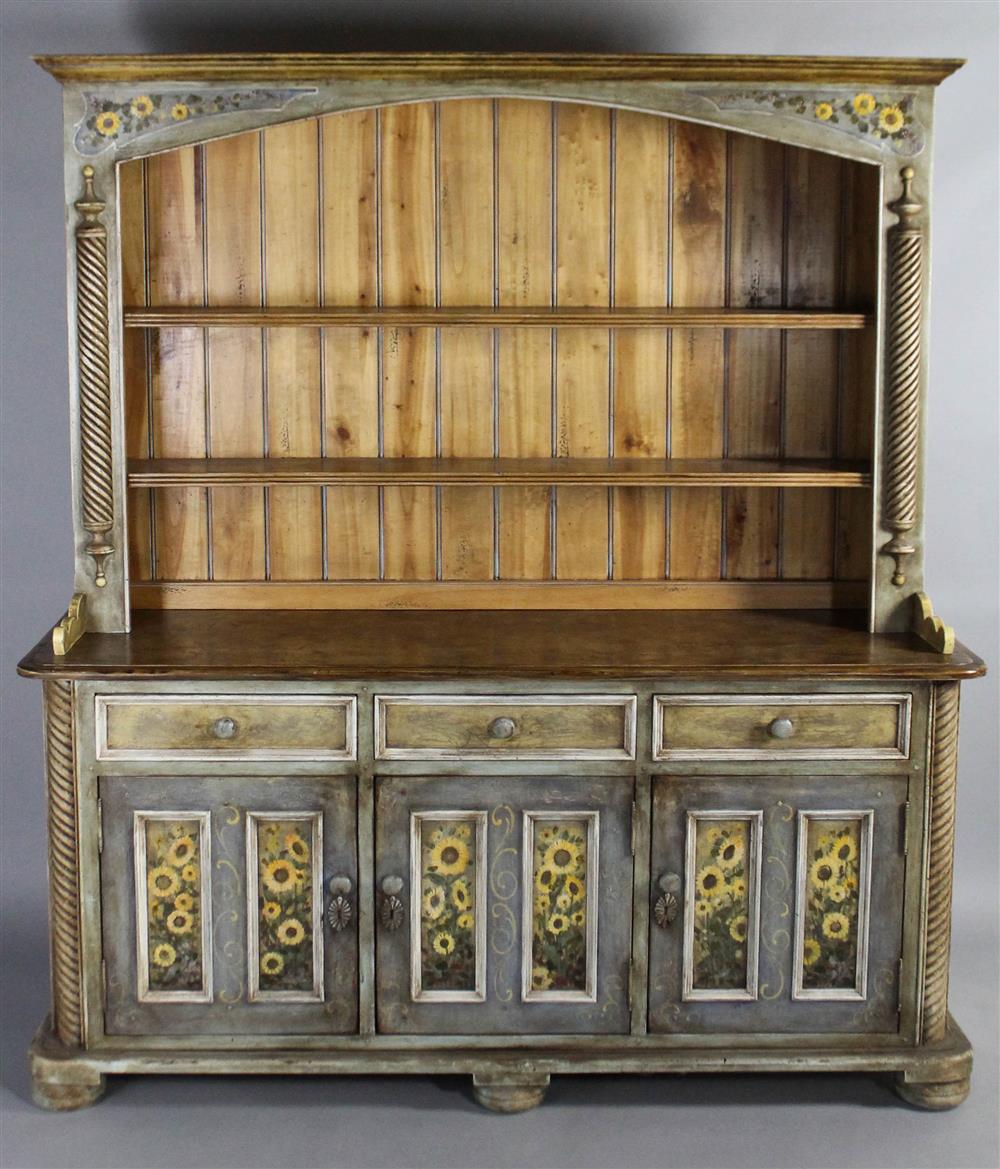 Appraisal: WHIMSICAL COUNTRY FRENCH FAUX PAINTED HUTCH in two parts the