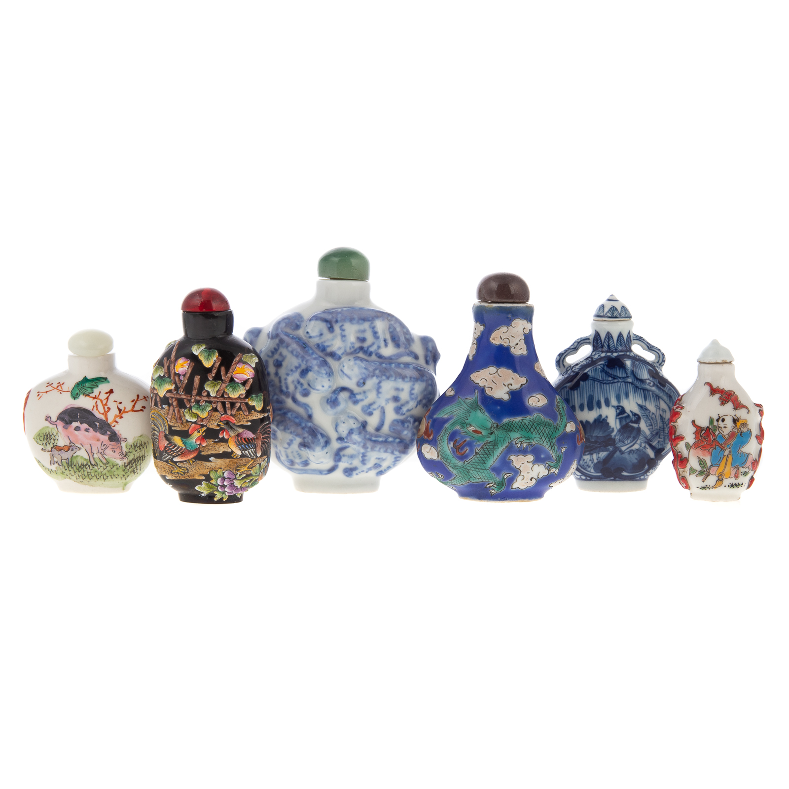 Appraisal: SIX CHINESE PORCELAIN SNUFF BOTTLES th century includes large blue