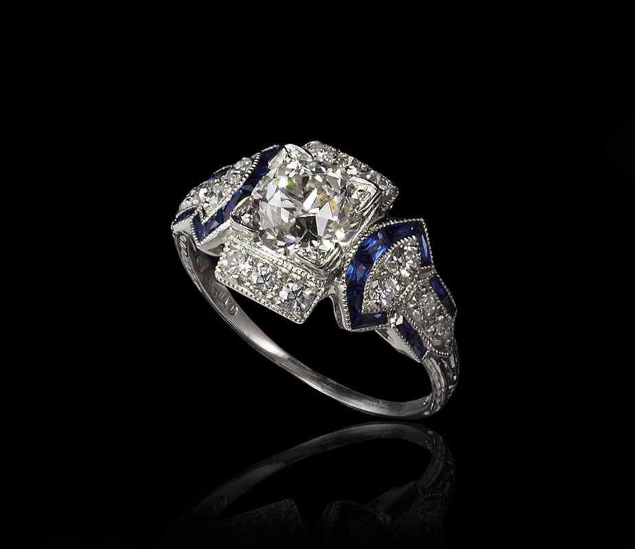 Appraisal: PLATINUM REVIVAL DIAMOND SAPPHIRE RING Sophia D platinum ring centers