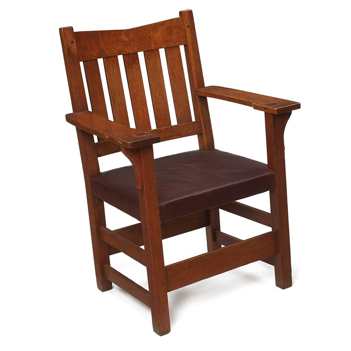 Appraisal: Gustav Stickley armchair A V back form with five vertical