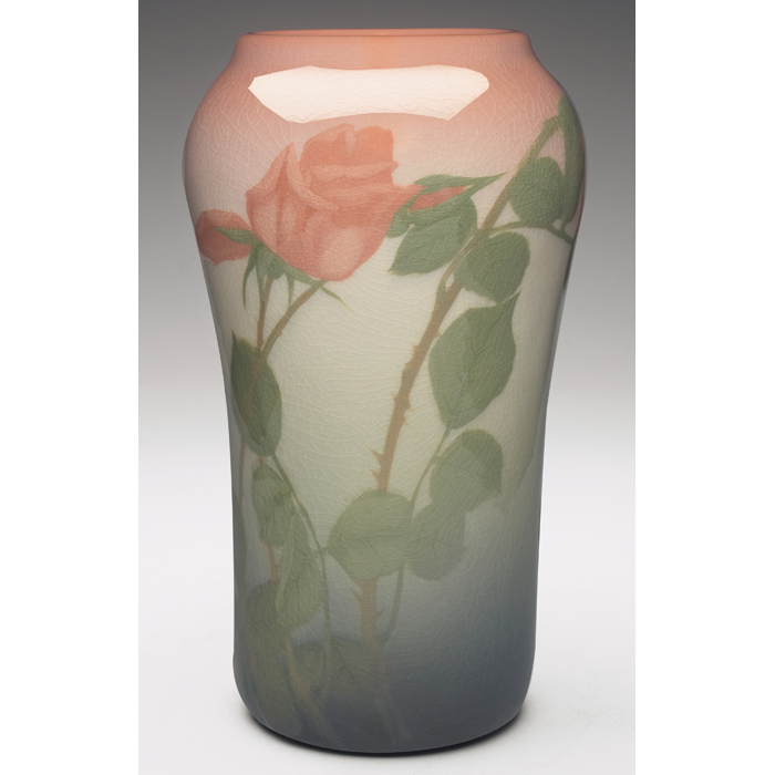 Appraisal: Rookwood vase Iris glaze with exceptionally painted pink roses executed