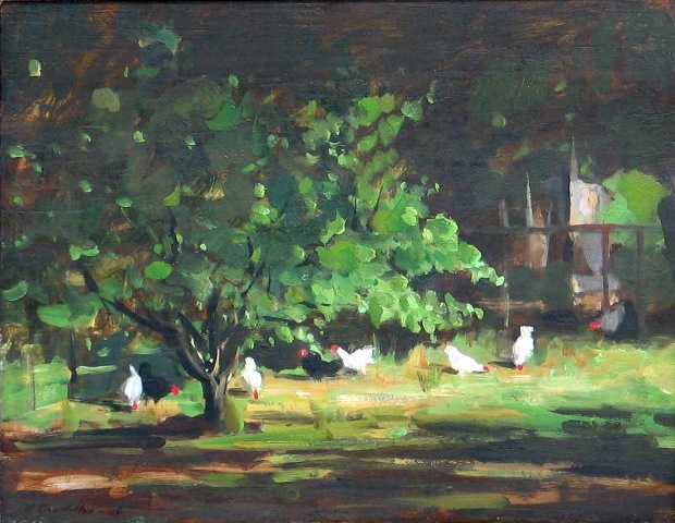 Appraisal: Harley W Griffiths - Chickens Feeding oil on canvas signed