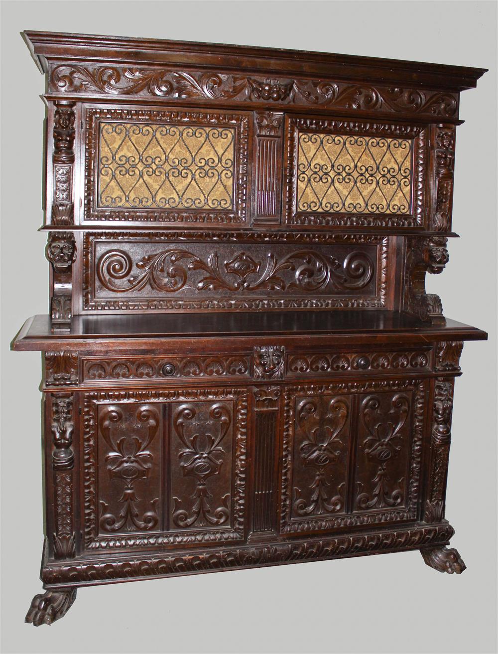 Appraisal: RENAISSANCE REVIVAL CARVED WALNUT TWO-PART COURT CUPBOARD with rectangular molded