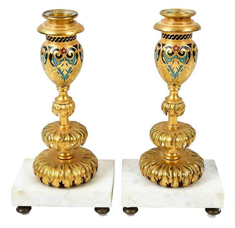 Appraisal: Pair of Gilt Bronze and Champleve Candlesticks Continental th century