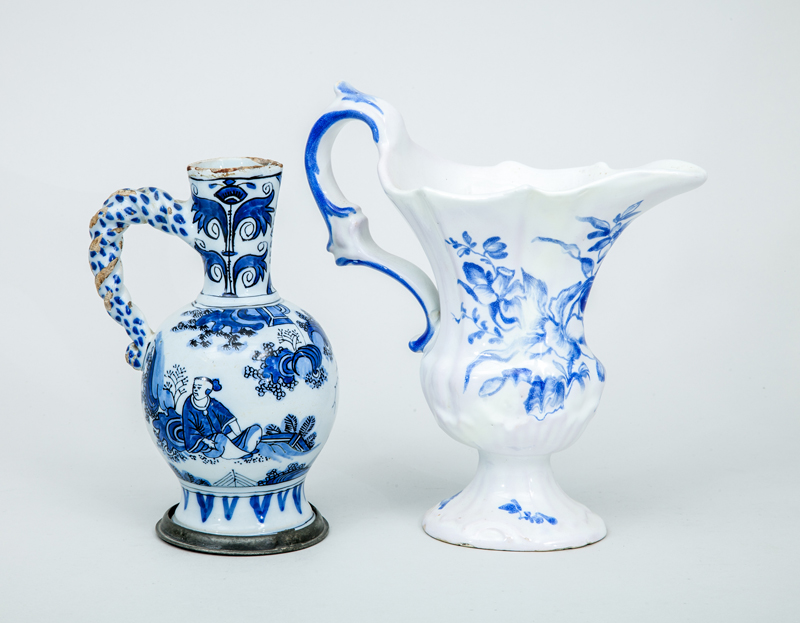 Appraisal: DUTCH DELFT BLUE AND WHITE SILVER-FORM PITCHER AND A DUTCH