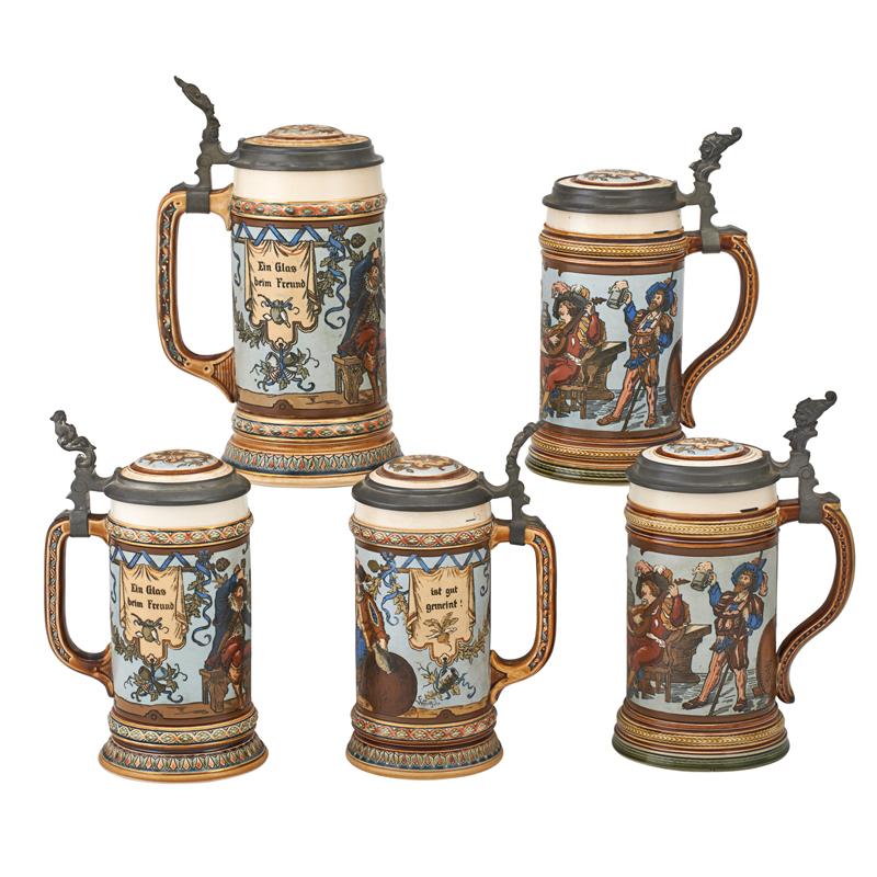 Appraisal: METTLACH ETCHED STEINS Five Numbers liter half liter and three