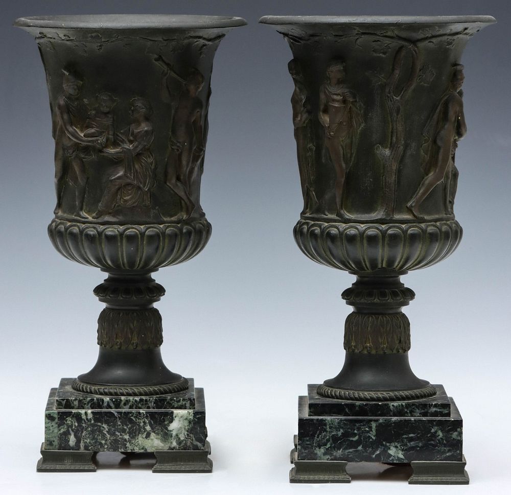 Appraisal: A PAIR EARLY TH C CLASSICAL URN TABLETOP TORCHIERES The