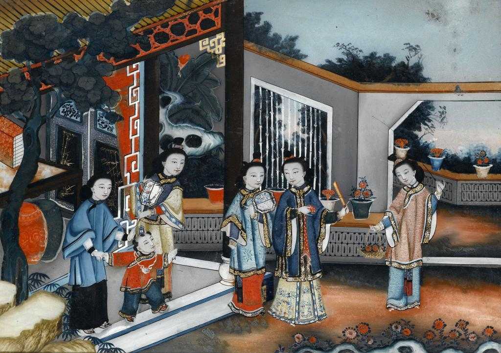 Appraisal: A CHINESE GLASS PAINTING of young women and a child