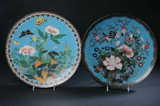 Appraisal: TWO JAPANESE CLOISONN ENAMEL CHARGERS Meiji period Bird and floral