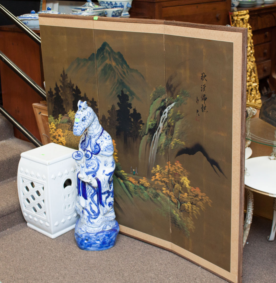 Appraisal: Three contemporary oriental items including garden seat folding screen and