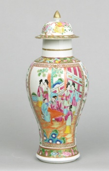 Appraisal: Chinese Porcelain Famille Rose Lidded Jar Baluster shape famille rose