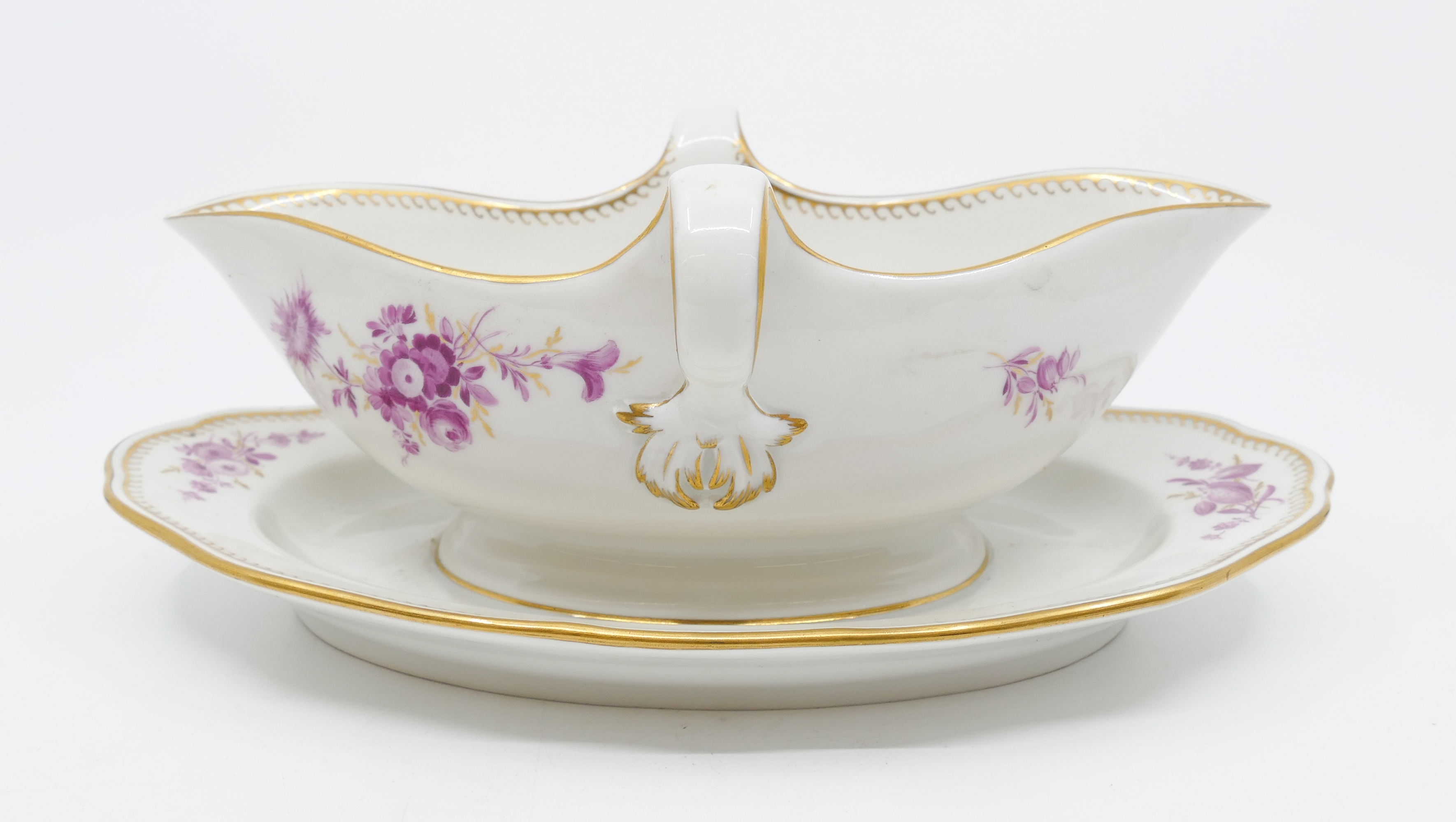 Appraisal: Meissen Pink Flower Porcelain Gravy Boat Gilt decoration and edges