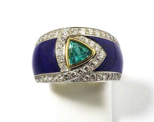 Appraisal: PARAIBA TOURMALINE LAPIS LAZULI AND BRILLIANT-CUT DIAMOND RING P CLARD