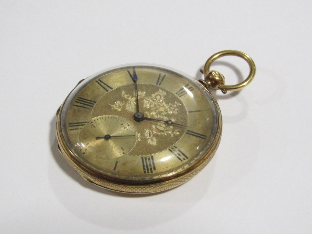 Appraisal: An eighteen carat gold open faced fob watch with gilt