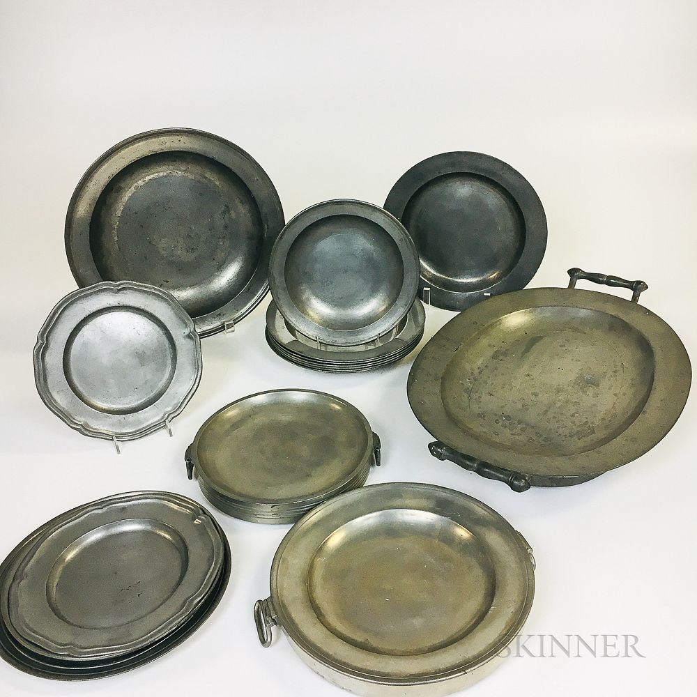 Appraisal: Fifteen Pewter Dishes and Three Hot Water Plates Fifteen Pewter