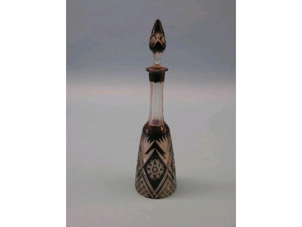 Appraisal: A th century Bohemian ruby-overlaid glass decanter elongated mallet-shape with