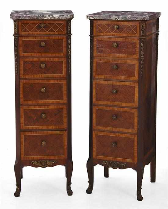 Appraisal: Pair Louis XV style parquetry inlaid kingwood lingerie chests early