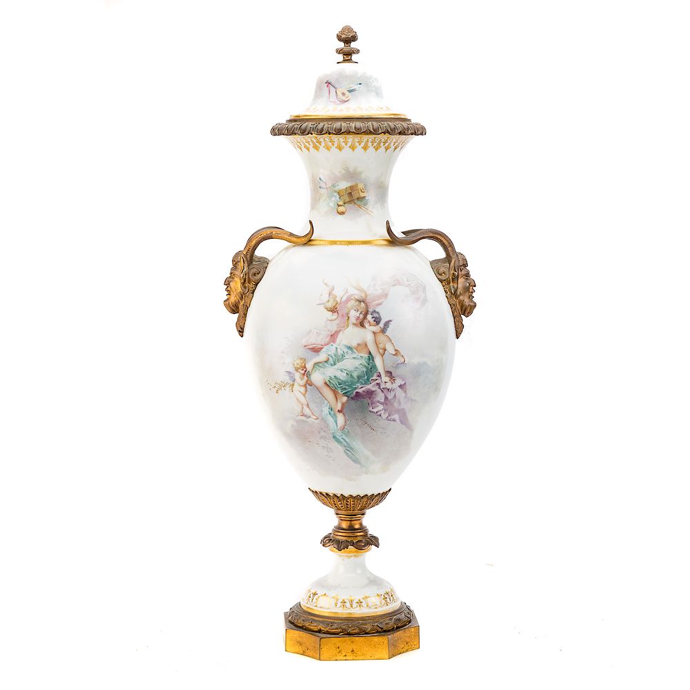 Appraisal: Sevres style gilt-metal-mounted porcelain urn late th century large three-part