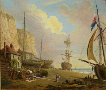 Appraisal: ENGLISH SCHOOL C UNLOADING CARGO QUIET PORT SCENE Oil on