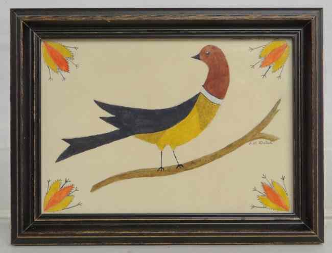 Appraisal: Watercolor ''Folk Art Bird'' by Conn folk artist Evelyn S