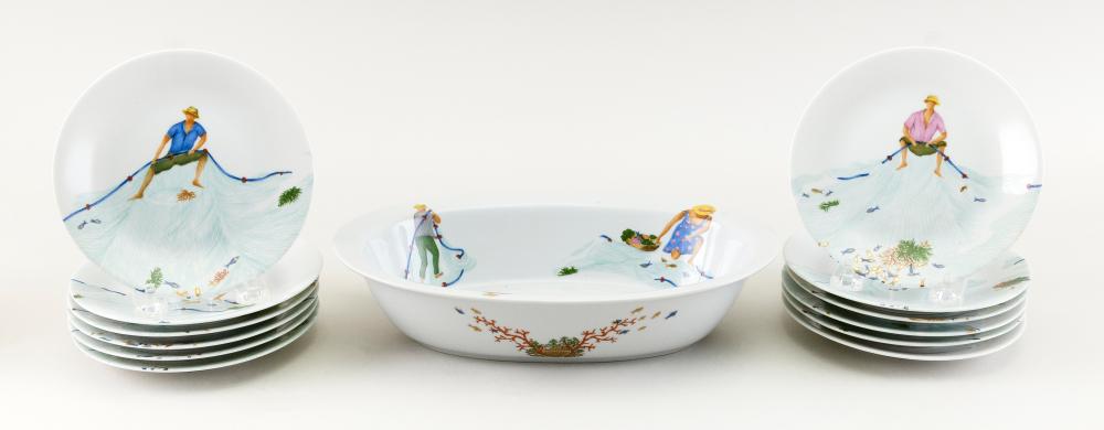 Appraisal: THIRTEEN PIECES OF PHILIPPE DESHOULIERES MER DES CARAIBES LIMOGES PORCELAIN