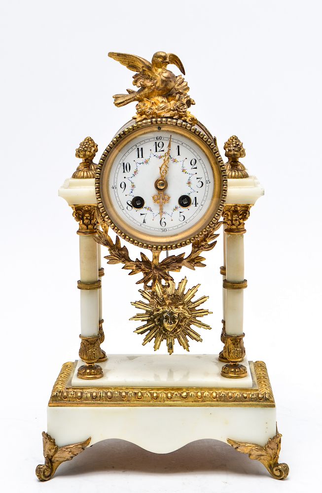 Appraisal: French White Marble Bronze Portico Mantel Clock French white marble