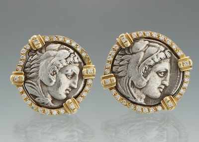 Appraisal: A Pair of Greek Coin k Gold and Diamond Ear