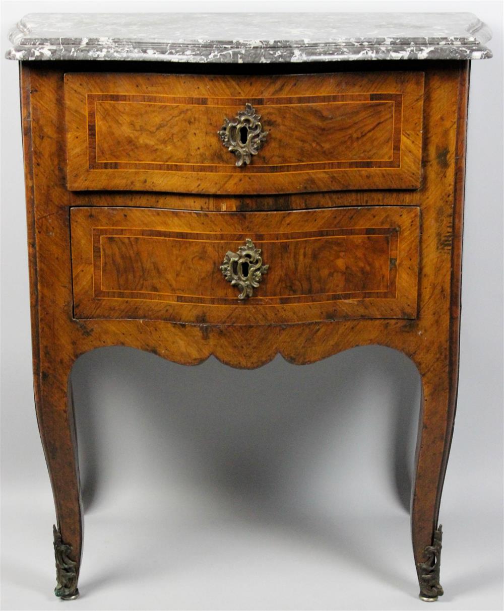 Appraisal: ITALIAN ROCOCO STYLE INLAID WALNUT SMALL COMMODE WITH MARBLE TOP