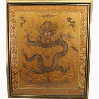 Appraisal: Antique Chinese Embroidered Silk Dragon Tapestry Framed Antique Chinese Embroidered