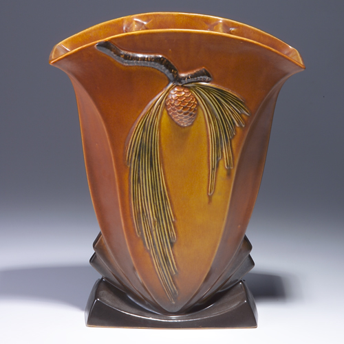 Appraisal: ROSEVILLE Brown Pine Cone fan vase - Raised mark