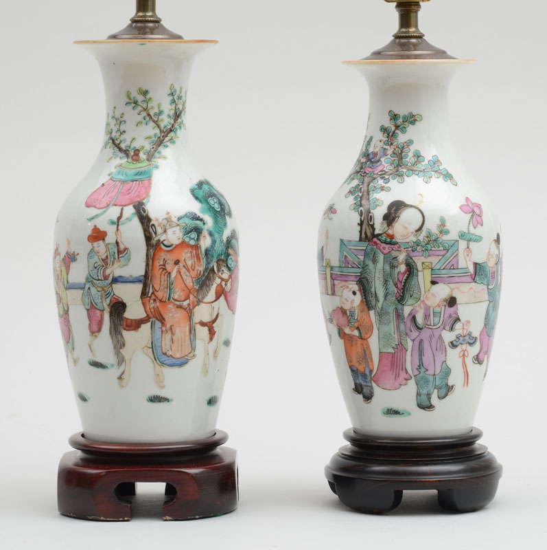 Appraisal: TWO SIMILAR CHINESE FAMILLE ROSE BALUSTER-FORM SMALL VASES MOUNTED AS